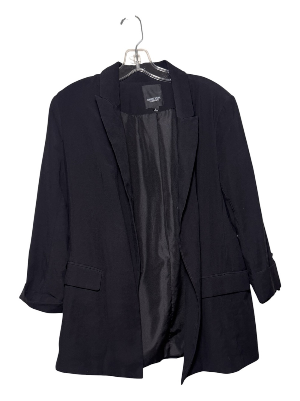Simply Vera Vera Wang Women’s Black Open Front Blazer Collared Pockets L